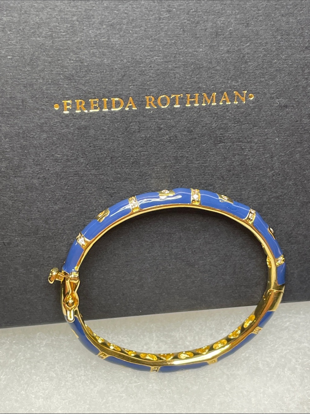 Freida Rothman Blue Enamel Gold Hinged Baby Bangle NIB